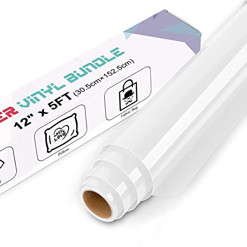 IModeur White Heat Transfer Vinyl — 30.5 x 153 cm Iron on Vinyl for Fabric, PET Backing HTV Roll for T-Shirts, Clothes, Hats, Bags and Other Textiles, Easy to Weed