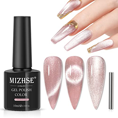 MIZHSE Cat Eye UV Gel Helles Rosa Gel UV Nagellack Glitzer mit 1 Magnet, 9D Cateye U V Gels Glänzend Katzenaugen Rosa, Cateye Gels Polish Magnetischer Nagellack DIY Art Maniküre für Nagelstudio 10ML