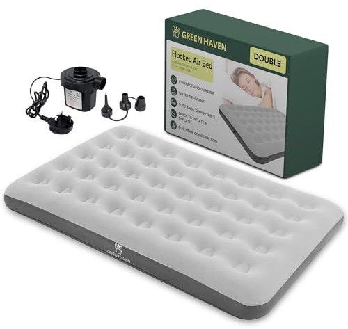 Green Haven Premium Double Blow up Camping bed + AC Electric Air pump - Waterproof Double Airbed Inflatable Mattress, Electric Pump for Inflatables with 3 Nozzles, Inflatable Camping Mattress