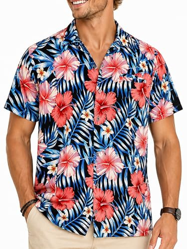 King Kameha Camicia Hawaiana Uomo a Maniche Corte con Motivo Floreale, Tropical-Hibiscus, Nero-Blu, M