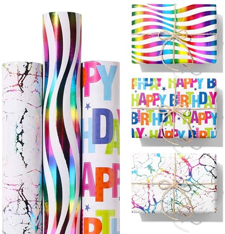 Geburtstag Geschenkpapier Bunte Set 3 Rollen Regenbogen Glitzernde Geschenkverpackung - 3 Verschiedene Welle, Marmor und Happy Birthday Muster Designs - 43cm x 3 m Pro Rolle