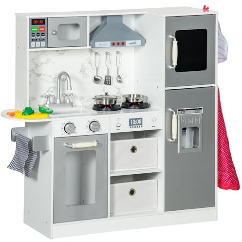 AIYAPLAY Wooden Play Kitchen Kids Toy Kitchen Playset Role Playing Game with Lights, Sounds, Apron and Chef Hat, Ice Maker, Microwave, Range Hood, Utensils, Cuttable Food, for Ages 3-6 Years - White