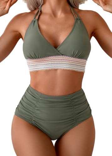 Bikini Sets for Women Sexy Halter Deep V Neck Swimwear Backless High Waisted Two-Piece Swimwear Set Tummy Control Bikini