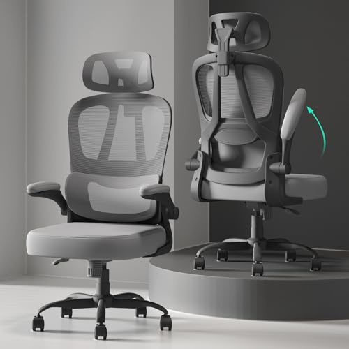 Submi Ergonomic Office Chair, Flip-Up Armrests Computer Chairs with Adjustable Headrest, Breathable Mesh Desk Chair for Home Office, PC Work Chair with Lumbar Support, 300LBS, Executive, Deep Grey