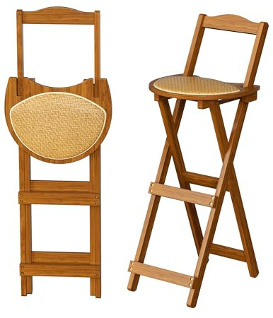ybaymy Klappbarer Küchenstuhl mit Rückenlehne, Fußstütze & Kissen, Barhocker für Küche, Hausgarten & Bistro, 61.5 cm Sitzhöhe, Dunkelbraun, Bambus