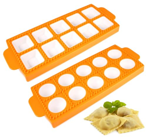 2 Piezas Cuadrados y Redondos Moldes para Raiolis, 26.5 × 10.8 × 2 cm Molde de Plástico para 10 Raviolis, Reutilizables, Fáciles de Limpiar, para Pasta de Molde y Pasta a Presión, Amarillo