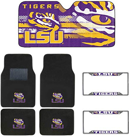 AAC FANMATS NCAA Carpet Floor Mats Bundle with License Plates and Sunshade for LSU Tigers Fans Officially Licensed(7 Items)