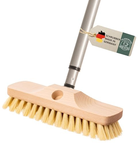 Schrubber mit Stiel, Teleskopstiel Schrupper aus Holz mit Naturborsten, Für Boden, Fliesen, Balkon, Terrasse, Garten