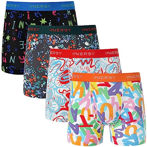 INNERSY Boxer Shorts Men with Fly Mesh Underwear Cool Thin Under Pants Comfy Trunks Pack of 4 (L, Colourful Letter)