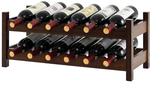 KOMFOTTEU Botellero de Bambú para hasta 12 Botellas con 2 Niveles | Estantería de Vino de Mesa, Sostenedor de Botella para Encimera, Despensa, Cocina, 62 x 24 x 25 cm