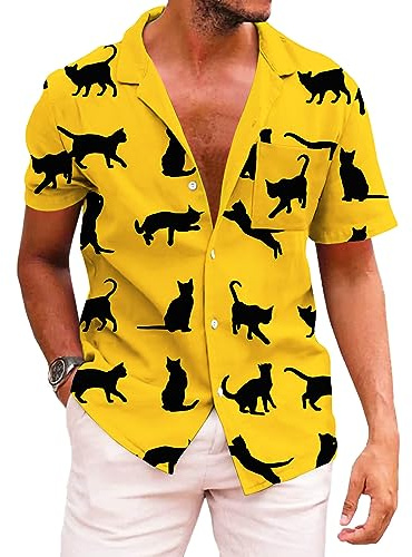 KYKU Camicia Hawaiana Estiva da Uomo a Maniche Corte abbottonata da Spiaggia Tropicale, Gatto Giallo, S
