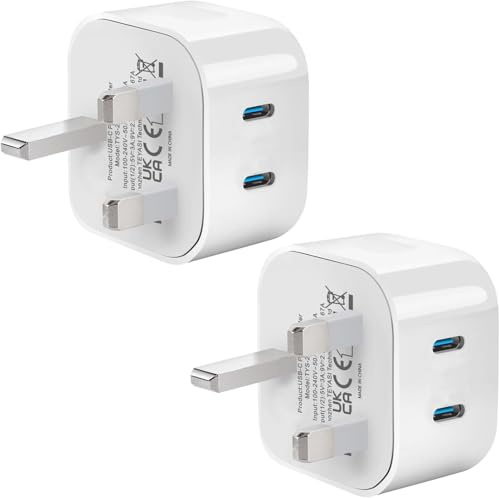 Bediaca USB C Plug,20W 2 Pack Fast Charger Plug UK Compatible with iPhone 17/16/15/15 Pro/15 Pro Max/14/14 Pro/13/13 Pro/12/12 Pro/11/ipad/Watch,Dual Port Micro USBC Wall Charging Type C Plug