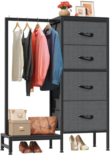 HIGDBFE Dresser with Hanging Rack, 4 Drawers Small Closet for Bedroom, Reversible Fabric Kids Chest of Drawers with Clothes Rack, Tall Storage Tower, Sturdy Frame, Grey, 44''H