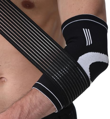 Neotech Care - Armbågsstöd - elastiskt och andningsaktivt tyg - justerbart kompressionsband - för män, kvinnor, höger eller vänster arm (Svart färg, Storlek M, 1 enhet)