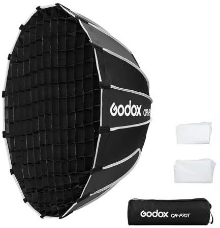 Godox QR-P70T 70 cm snabbfrigörande parabolisk softbox med vaxkaka rutnät | Bowens Mount Softbox med främre och inre diffusor för Godox SL60W SL60IID SL100D LA150R LA300Bi MS200-V MS300-V SK400II-V