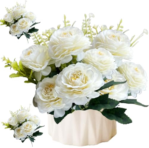 LaresDay 2 Bündel Künstliche Pfingstrosen Blumenstrauß aus Seide - Seidenblumen für Hochzeitsdeko, Partei, Blumendekoration, Tischarrangement, Heim & Küche (Weiß)