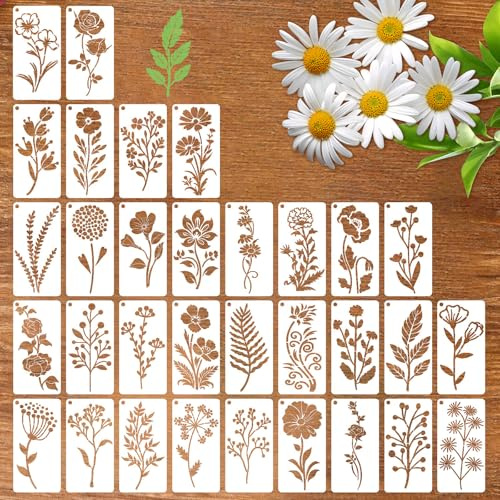Zernblend 32 Piece Sashiko Stencil Set, Scrapbooking Craft Decor, Hand Quilting, Embossing Templates, Large Flower Embroidery Templates (5.9 x 3 inches)