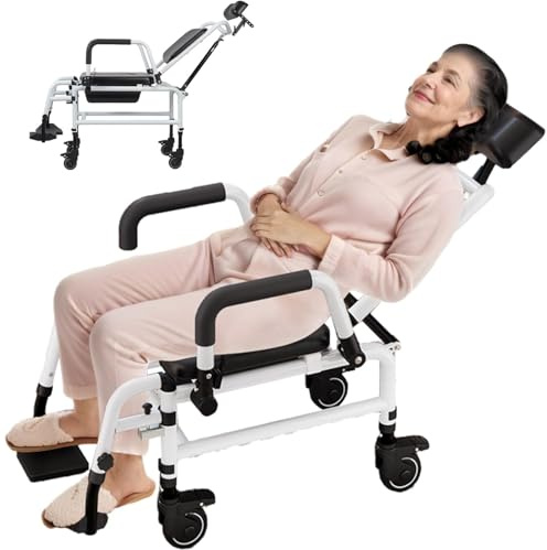 SAYEYBU Chaise De Douche Inclinable à roulettes, Fauteuil Roulant PercéE 4 en 1, Chaises De Transfert RembourréEs à roulettes, pour Personnes âGéEs, HandicapéEs, ObèSes,A