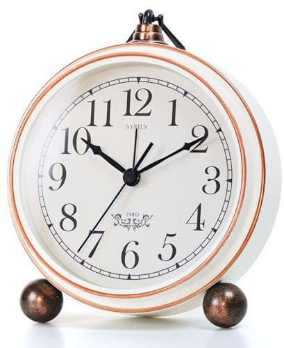 AYRELY® 5.3 Zoll Vintage Analoger Wecker ohne Ticken – Lautloser Metall tischuhr mit Licht, batteriebetrieben, für Nachttisch, Schlafzimmer oder Wohnzimmer (Weiß)