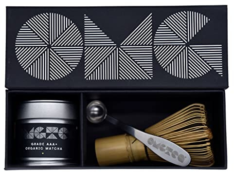 OMGTea GIFT SET Organic Japanese Matcha Green Tea Powder. Ceremonial. 30g/30 servings. Includes Handmade Bamboo Whisk and OMGTea measuring Spoon. (Ceremonial AAA+ Grade Set)