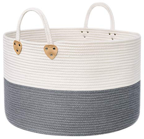 SONGMICS Cesta de Cuerda de Algodón, Soporte de Cesta con Asas, Soporte de Lino 100L, para Vestidos Juguetes Mantas, Sala de Estar y Dormitorio, 55 x 35 cm (Dia. x Alto), Gris y Beige LCB401G01