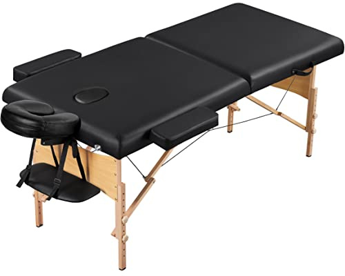 Abician Table de Massage Pliante en Bois et Similicuir Lit de Massage de 2 Sections Réglable en Hauteur avec Housse de Transport Têtière Accoudoirs Hamac 213 x 92 × 64-85,5 cm Noir