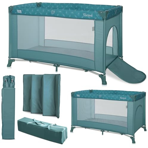Lorelli Baby Reisebett, 2 in 1 Babybett und Laufstall Torino mit Seiteneingang, Kinderbett ab Geburt bis 15 kg, faltbar inkl. Transporttasche, grün