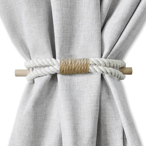 Curtain Tiebacks Rustic Holdbacks for Drapes, Farmhouse Tie Backs for Curtains, Cotton Jute Rope with Wood Club, Natural Boho Decor Shabby Chic Drapery Holder, Pack-2