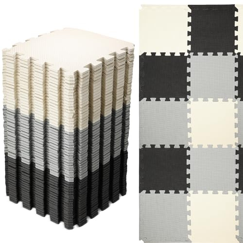 Nuanchu 60 PCS Kids Foam Puzzle Floor Mat Bulk - Solid Color Foam Play Mat with Borders Interlocking Multi Use Floor Rug for Children, 12 Inch(Black, White, Gray)