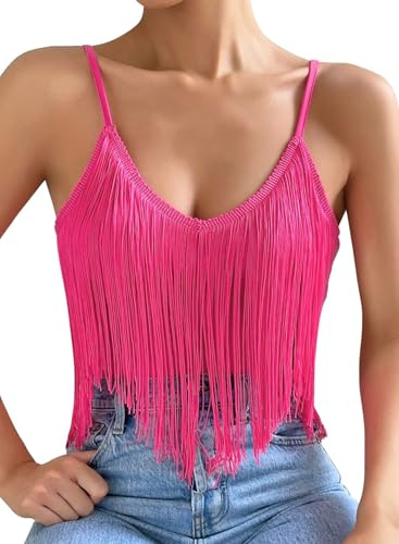 Womens Fringe Tank Top - Rave Festival Cowgirl Outfit Western Cami Shirt | Sexy V Neck, Sleeveless, Tassel Hem, Adjustable Spaghetti Straps, Ladies Cowboy Country Concert Outfits, Summer Rodeo Vest