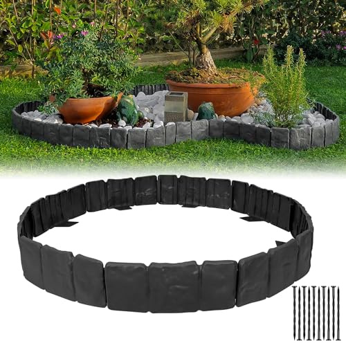 Garden Edging Border NO DIG, with Landscape Edging Anchoring Spikes, Black Stone Effect Plastic Lawn Edging Fencing, Interlocking Yard Lawn Edging for Flower Bed | 16 Ft | 20Pcs | Black |