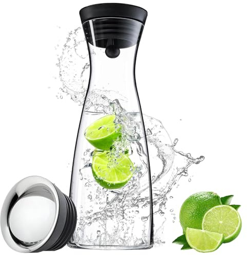 Qintora Carafe en Verre de 1.2 Litre Pichet en Verre, Carafe Eau pour Boissons Chaudes et Froides avec acier inoxydable couvercle pour l'eau,lait,jus,thé glacé,le vin,limonade et mousseux Boissons