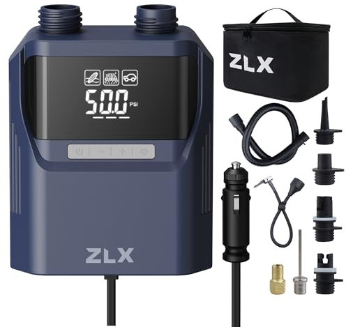 ZLX Paddle Board Pump, 50PSI SUP Pump with 12V DC Car Connector-No Battery. High Pressure Dual Stage Inflation & Deflation Paddle Board Accessories for Inflatables, Kayaks, Boats, Tent, Air Mattresses