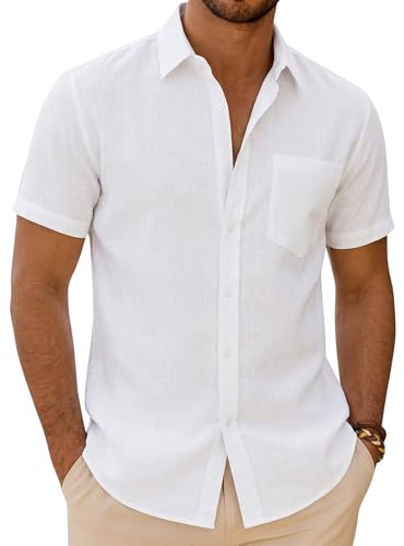 siliteelon Mens Linen Shirts Short Sleeve Summer Shirt Regular Fit Casual Cotton Holiday Beach Tops with Pocket White M