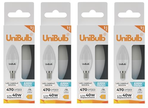 Unibulb E14 SES (Small Edison Screw) LED Candle Bulbs, 470 Lumens, Daylight 6500K, 4.2W, Replaces 40W, 25,000hr lifespan (4)