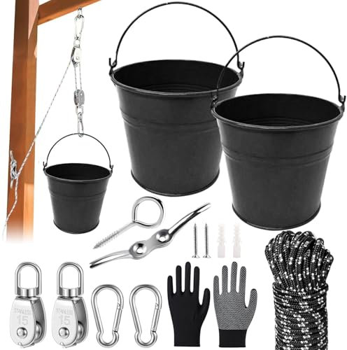 Sunshine smile Flaschenzug Kinder,Zubehör fürs Baumhaus Spielturm,Flaschenzug mit Eimer,Flaschenzug mit Metalleimer,Riemenscheibe mit Eimerkabel,Spielturm Zubehör,Kinder Riemenscheibensystem