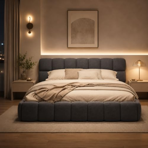 DAHUEN Sängklädsel, 160 x 200 med ribbotten, dubbelsäng, bubbelsäng, med stoppad sänggavel, bomull- och linnematerial, för vuxna och tonåringar (grå, 160 x 200 cm)
