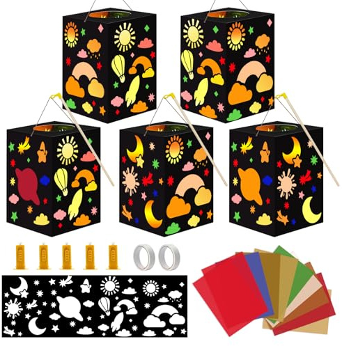 Ycaaeo 5 Stück Laternen Bastelset Kinder, Sankt Martin Laterne Basteln, St. Martin Laternenumzug, mit LED und Farbiges Bastelpapier, Geschenk Sankt Martin Laternenumzug für Jungen und Mädchen