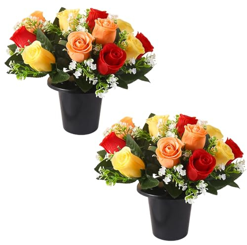 FYKZQWDS 2 Pcs Artificial Flowers For Graves,Grave Flower Pots,Grave Flower, Including Red, Orange and Yellow Flowers, Commemorative and Tribute Cemetery Decoration, Outdoor Decoration