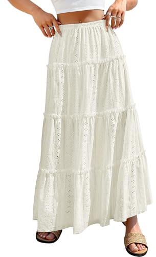 ANRABESS Womens Maxi Skirt 2026 Summer Beach Vacation Eyelet Boho Long Flowy Skirts Spring Trendy Swing Tiered A-Line Dress Beige Large