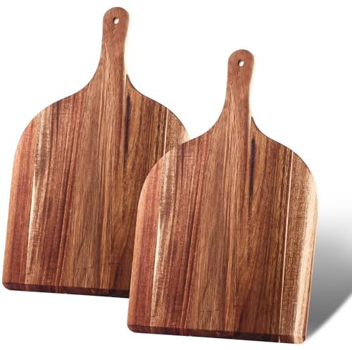 LDXDRU 2 Stück 42 cm Pizzabrett Akazienholz, Groß Pizzaschieber Pizzateller Holz Pizza Teller Gross Schneidebrett mit Griff Hause Pizza-Plate für Pizza, Foccacia oder Brot 42x30x1cm