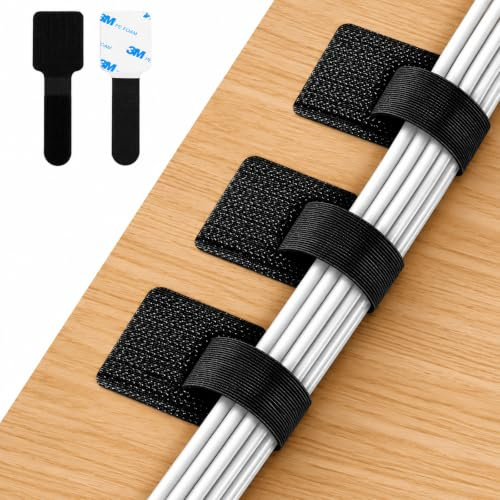 50 PCS Self Adhesive Cable Management Ties, Under Desk Cable Organiser | Reusable Stick-On Wire Holder with Hook and Loop Straps for TV PC Laptop Ethernet Home Office, No-Drill Installation (Black)