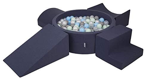 KiddyMoon Spielplatz Aus Schaumstoff Mit Rund Bällebad (200 Bälle) Ballgruben Für Babys Spielbad Hindernisläufen, Hergestellt In Der EU, Dunkelblau:Perle/Grau/Transparent/Babyblue/Minze