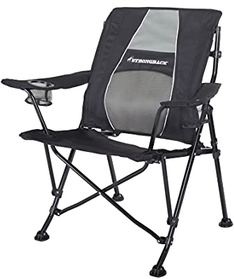 Armurillo Strongback Guru Schwarz – Ergonomischer Camping Faltstuhl mit Lordosen Stütze, 50cm breite Sitzfläche, Armlehne, Getränkehalter