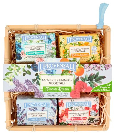 I Provenzali Cestino Saponette Vegatali Finissime Fiori di Riviera, 5 Saponette da 100 g