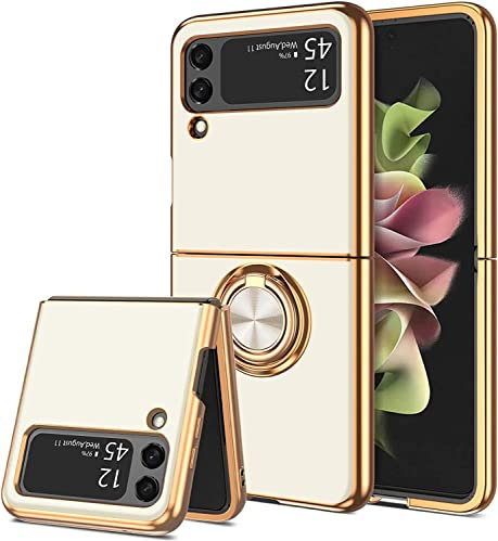 Soft Cover per Samsung Z Flip 3 Colori Solidi Cornice Placcata Oro Custodia Protettiva, AntiGraffio Silicone TPU Sottile Resistente Case Caso 360° Regolabile Anello Magnetica Supporto Ring Cover