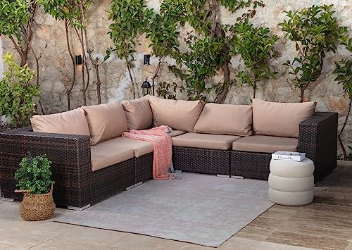 Livabliss Cali Tapis Exterieur Terrasse Balcon, Véranda, Patio - Moderne Abstrait Marbre Moucheté - Tapis Jardin Extérieur et Intérieur Boheme Chic Oriental 160x213 cm - Beige, Ivoire, Mauve