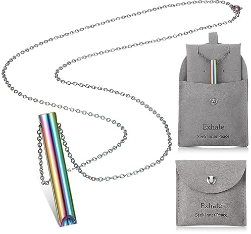 Fiada Collier de Soulagement d'Anxiété en Acier Inoxydable Sac à Bijoux Portable Collier de Respiration Consciente pour Méditation Relaxation Anti-Stress (Arc-en-Ciel)