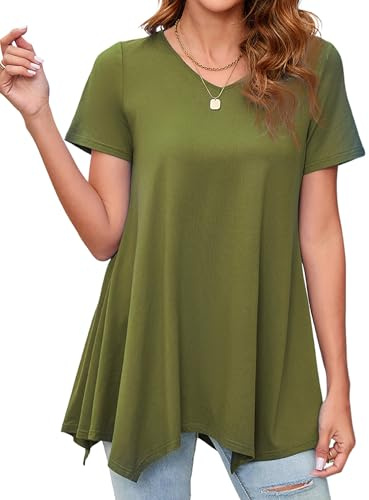 Enmain Donna Tunica Camicetta Verde Manica Corta Camicie Casual Estiva Scollo V Top Camicie Camicetta Longline Tinta Unita Magliette per Vacanze Primavera Estate,Verde Militare,L