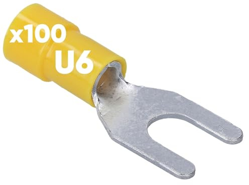 Kalitec GKSGU6, 100 capicorda a forcella, 4-6 mm², colore giallo, parzialmente isolato, colletto in PVC U6, per il collegamento di cavi o fili, protegge le connessioni elettriche, connettori a